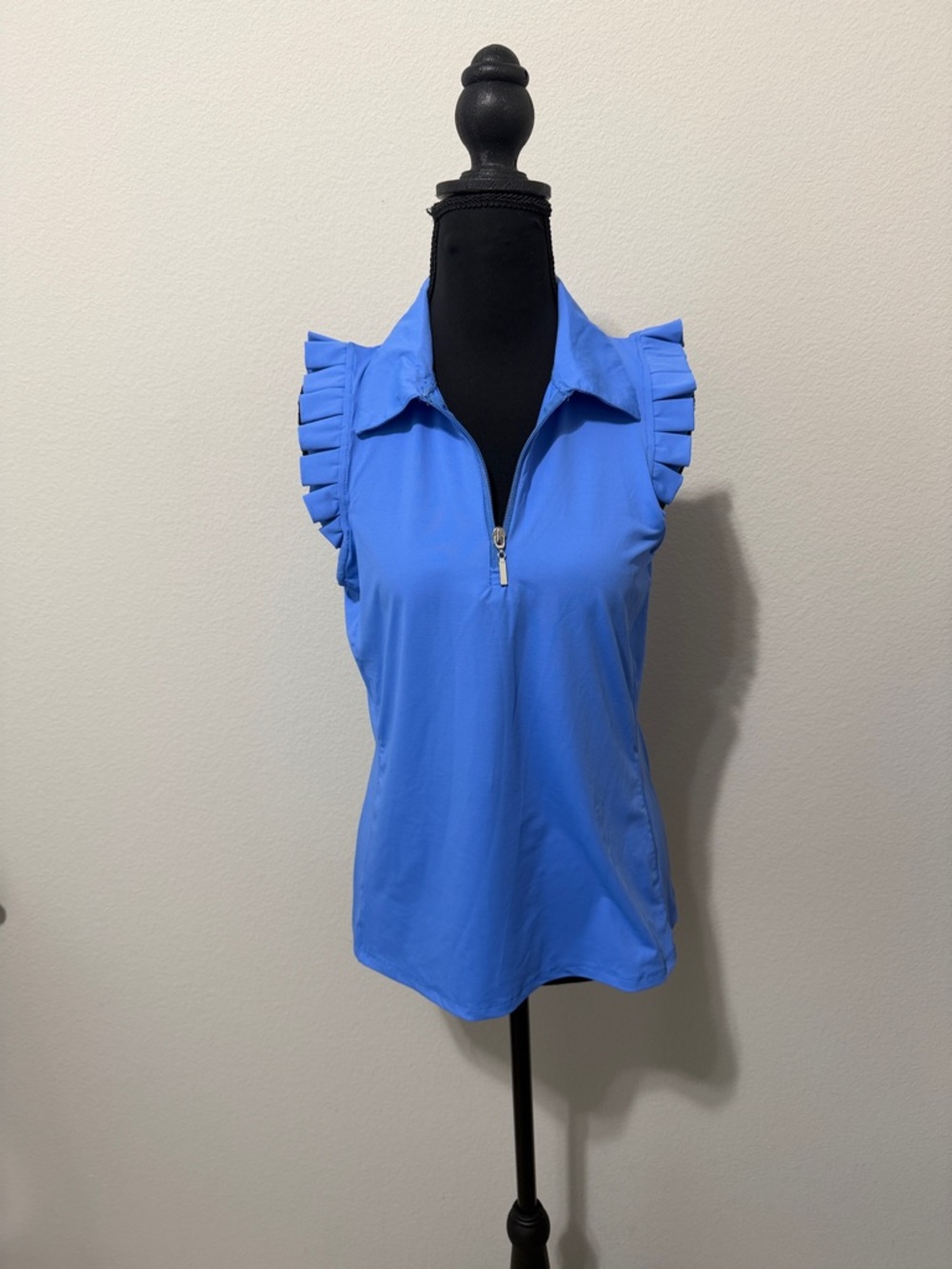 Jessica Simpson Blue Sleeveless Ruffle Zip Polo Top